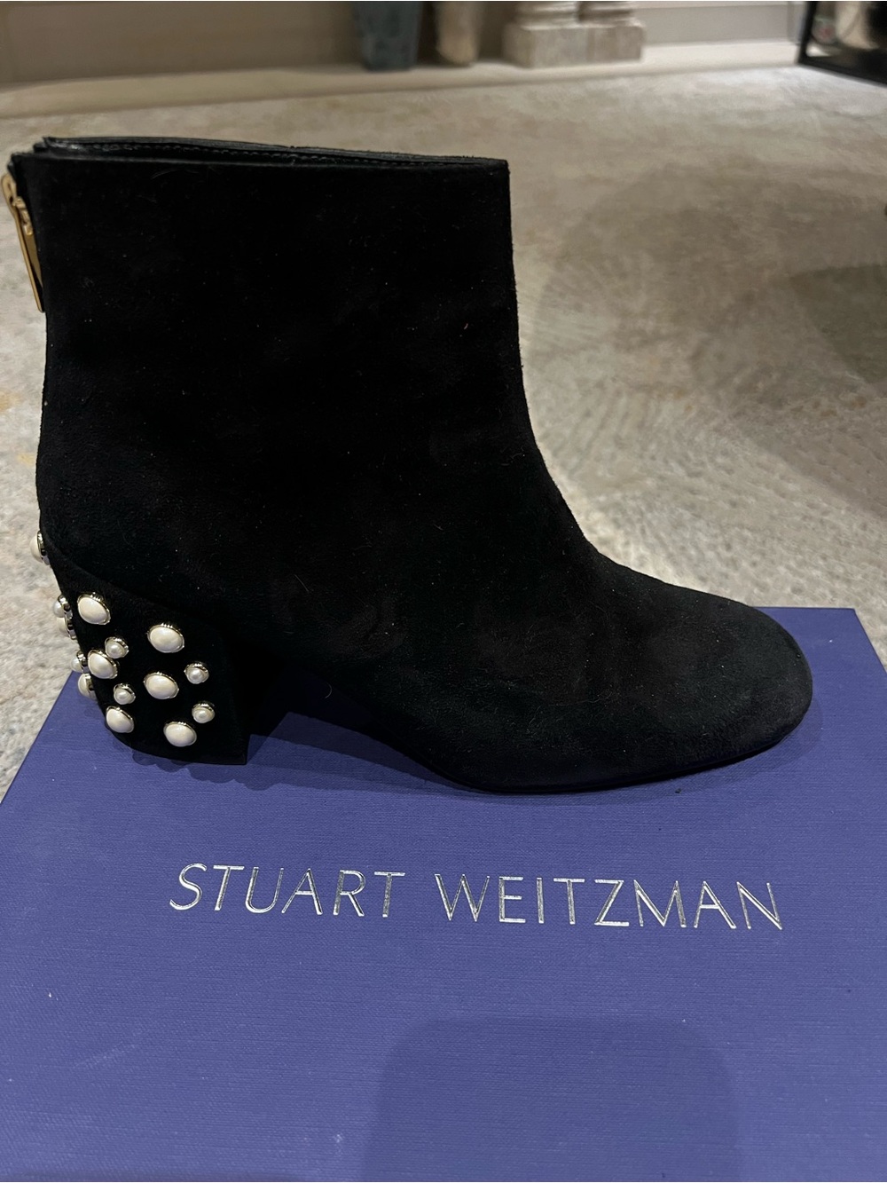Stuart Weitzman Black Suede Ankle Boots with Pearl-Embellished Block Heel